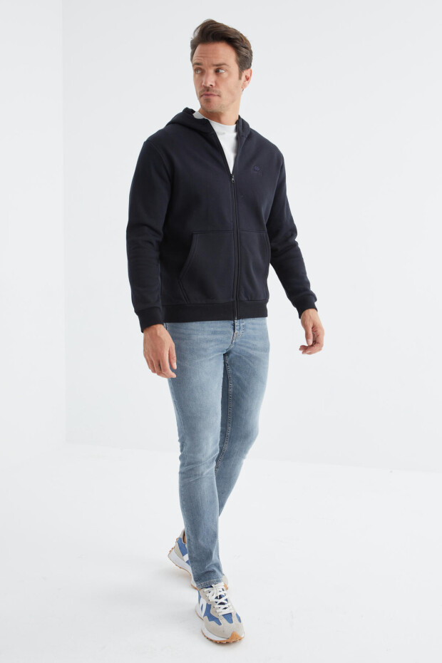 Lacivert Basic Kapüşonlu Rahat Form Nakış Detaylı Fermuarlı Erkek Sweatshirt - 88035