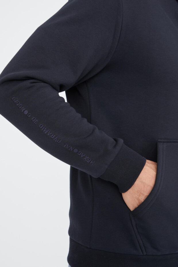 Lacivert Basic Kapüşonlu Rahat Form Nakış Detaylı Fermuarlı Erkek Sweatshirt - 88035