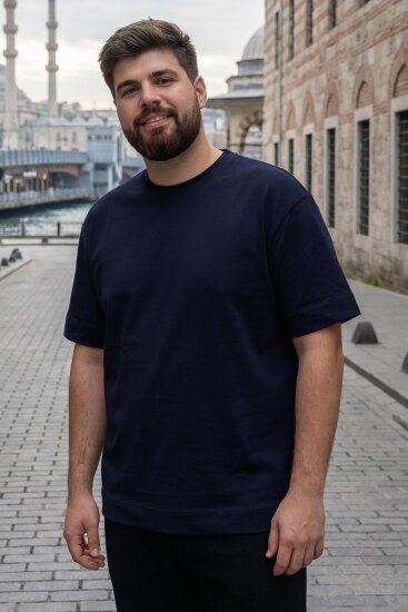 Lacivert Basic Kısa Kol O Yaka Büyük Beden Erkek T-Shirt - 88072 