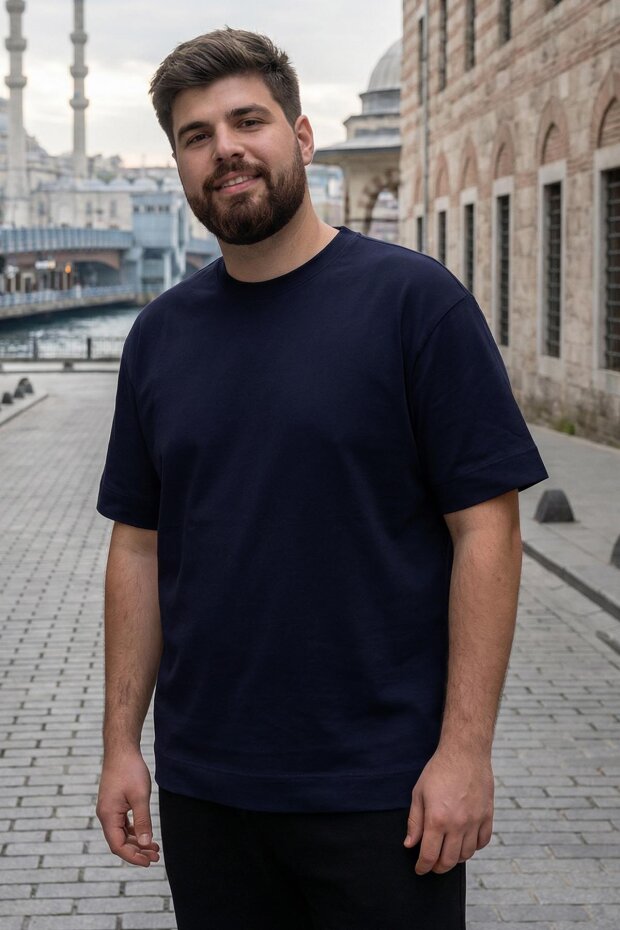 Lacivert Basic Kısa Kol O Yaka Büyük Beden Erkek T-Shirt - 88072 - 1