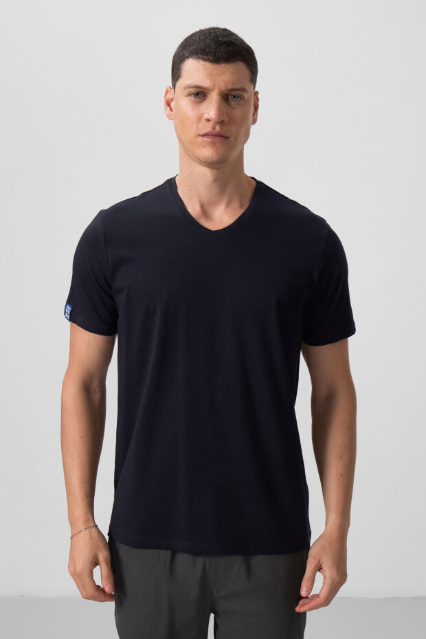 Lacivert Basic Kısa Kol Standart Kalıp V Yaka Erkek T-Shirt - 87912 - 5