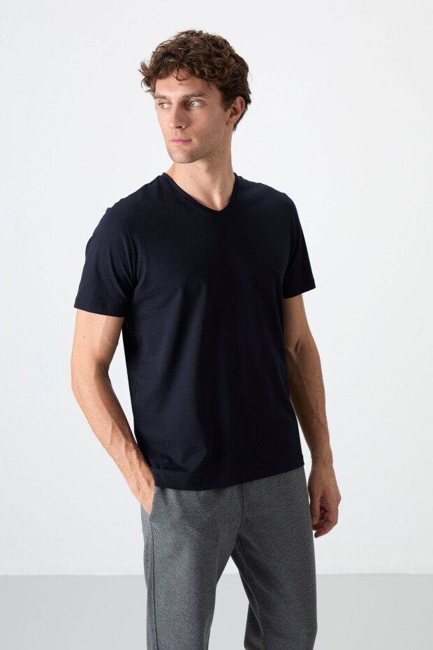 Lacivert Basic Kısa Kol Standart Kalıp V Yaka Erkek T-Shirt - 87912