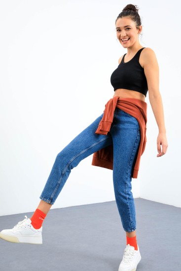 Lacivert Basic Sıfır Kol Dar Kalıp U Yaka Kadın Crop Top Atlet - 97160 