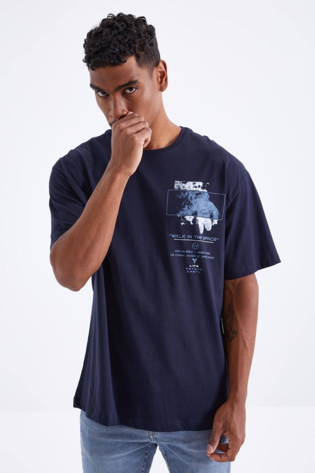 Lacivert Baskı Detaylı O Yaka Erkek Oversize T-Shirt - 88099