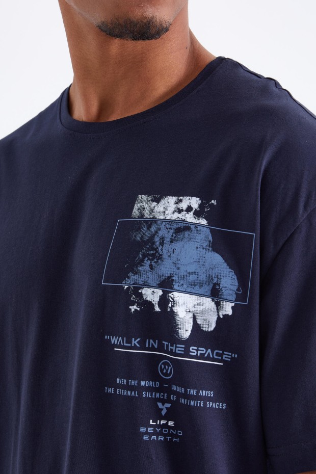 Lacivert Baskı Detaylı O Yaka Erkek Oversize T-Shirt - 88099
