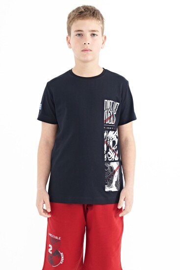 Lacivert Baskı Detaylı O Yaka Standart Kalıp Erkek Çocuk T-Shirt - 11104 