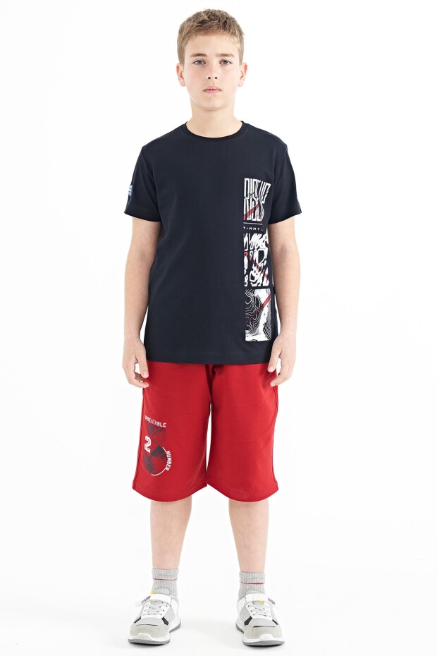 Lacivert Baskı Detaylı O Yaka Standart Kalıp Erkek Çocuk T-Shirt - 11104