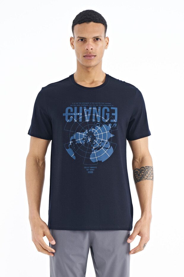 Lacivert Baskı Detaylı O Yaka Standart Kalıp Erkek T-Shirt - 88214