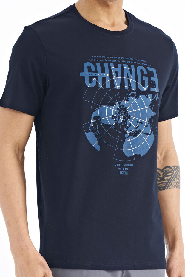 Lacivert Baskı Detaylı O Yaka Standart Kalıp Erkek T-Shirt - 88214