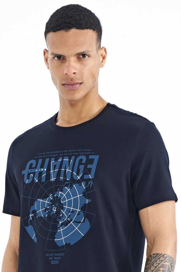 Lacivert Baskı Detaylı O Yaka Standart Kalıp Erkek T-Shirt - 88214