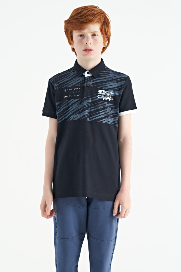 Lacivert Baskı Detaylı Pola Yaka Standart Kalıp Erkek Çocuk T-Shirt - 11161