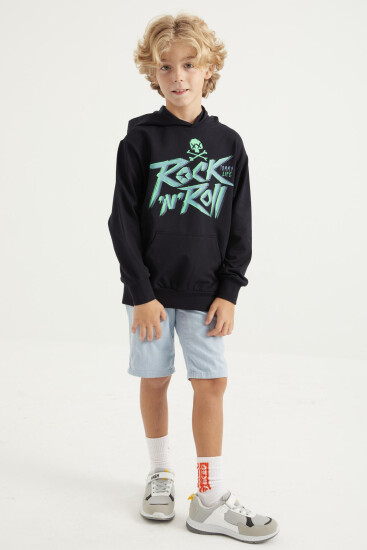 Lacivert Yazı Baskılı Kanguru Cepli Kapüşonlu Standart Kalıp Erkek Çocuk Sweatshirt - 11002 - TOMMYLIFE (1)