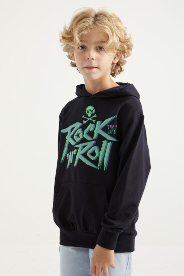 Lacivert Yazı Baskılı Kanguru Cepli Kapüşonlu Standart Kalıp Erkek Çocuk Sweatshirt - 11002 