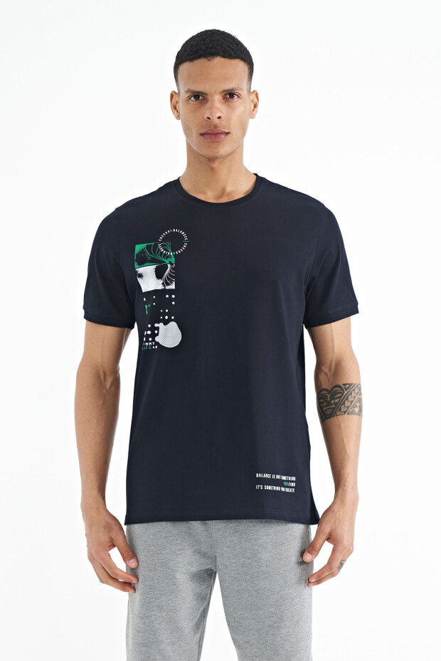 Lacivert Baskı O Yaka Detaylı Standart Form Erkek T-shirt - 88216