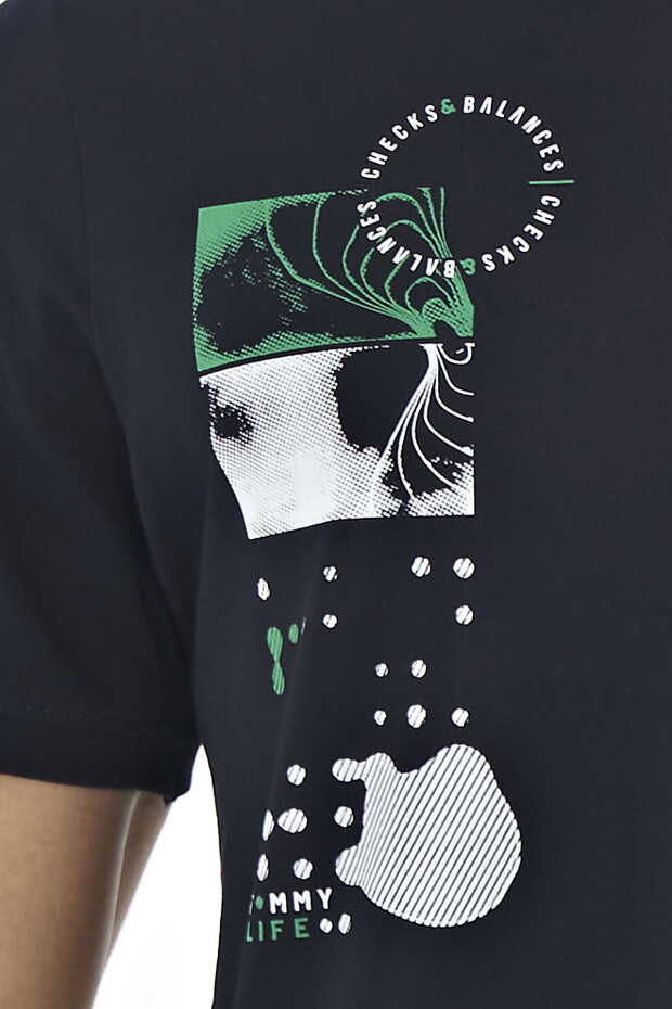 Lacivert Baskı O Yaka Detaylı Standart Form Erkek T-shirt - 88216