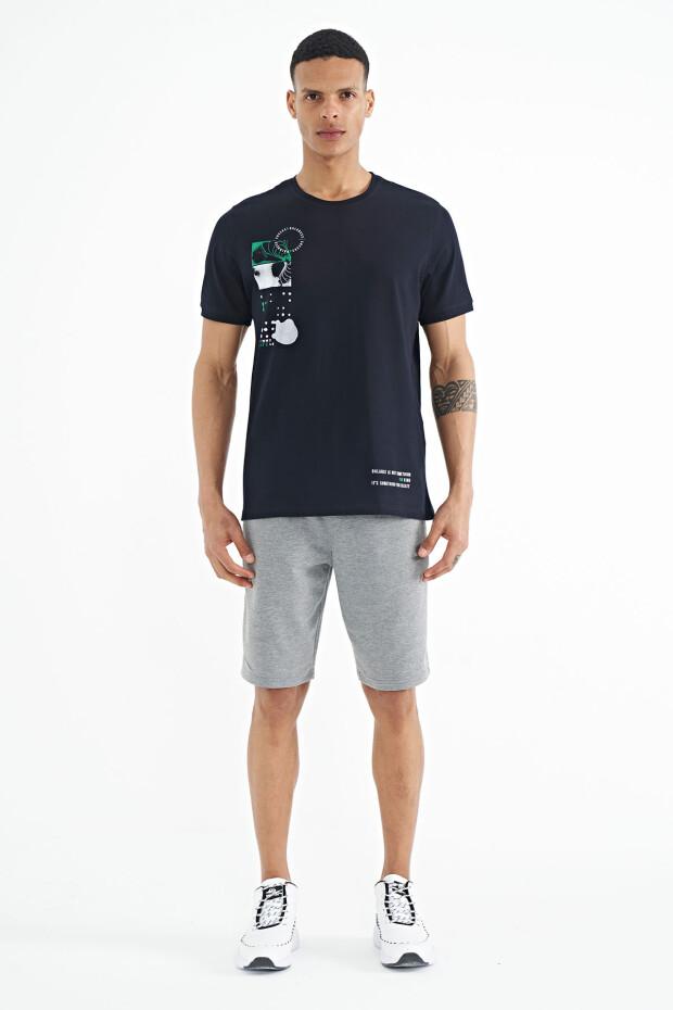 Lacivert Baskı O Yaka Detaylı Standart Form Erkek T-shirt - 88216