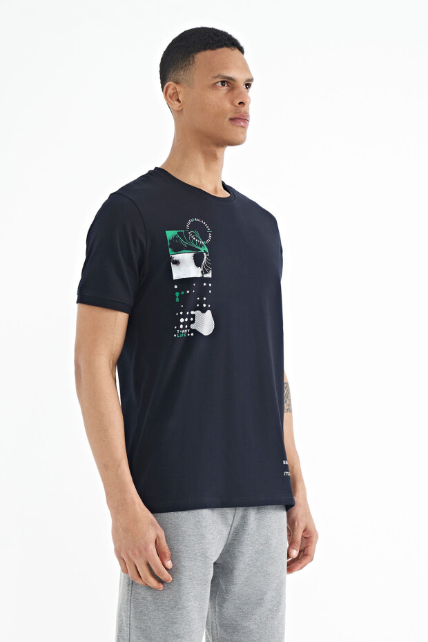 Lacivert Baskı O Yaka Detaylı Standart Form Erkek T-shirt - 88216