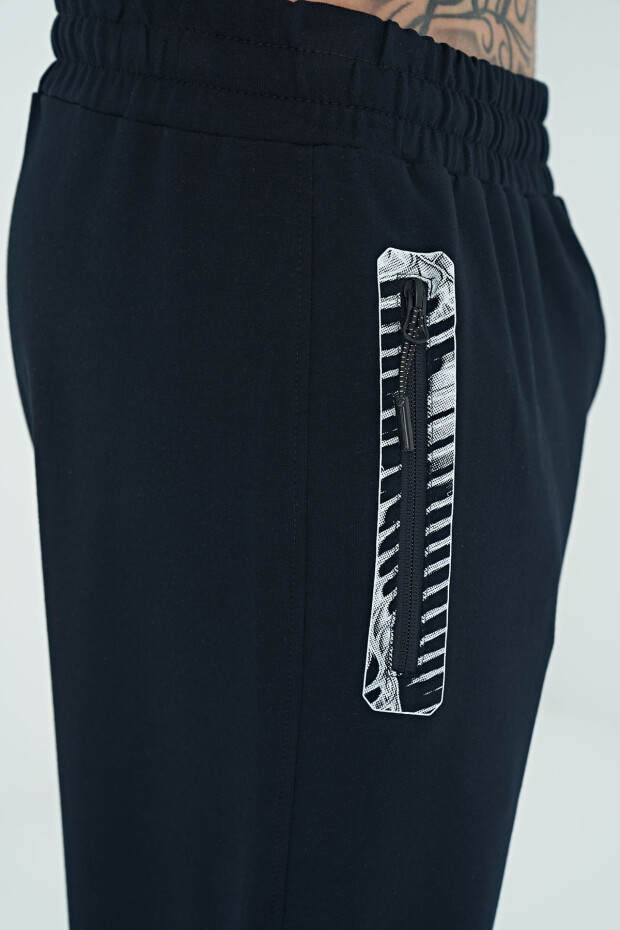 Lacivert Baskılı Fermuar Cepli Standart Kalıp Erkek Jogger Eşofman Alt - 84963 - 3