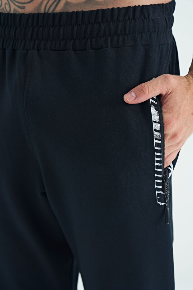 Lacivert Baskılı Fermuar Cepli Standart Kalıp Erkek Jogger Eşofman Alt - 84963 - 6