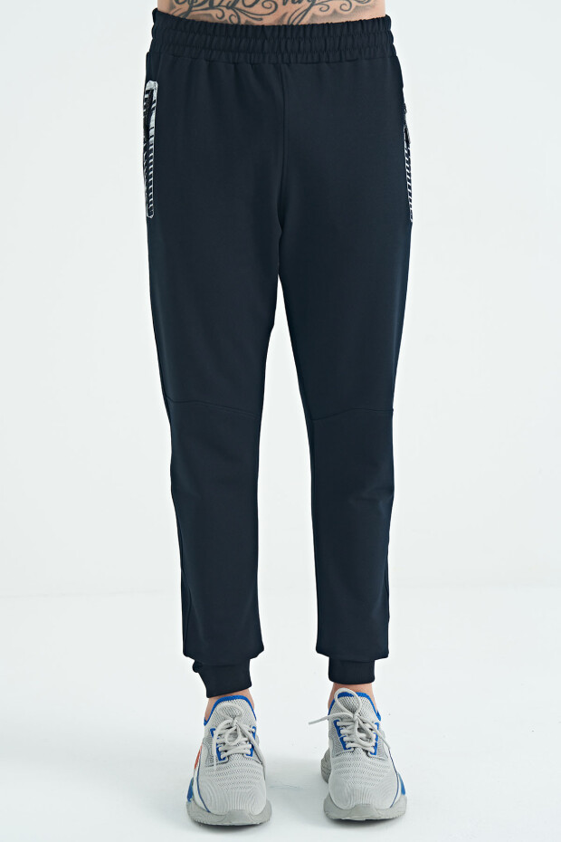 Lacivert Baskılı Fermuar Cepli Standart Kalıp Erkek Jogger Eşofman Alt - 84963 - 1