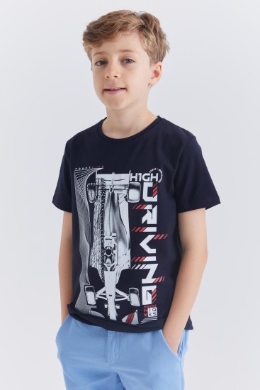 Lacivert Baskılı Kısa Kol Standart Kalıp O Yaka Erkek Çocuk T-Shirt - 10866 