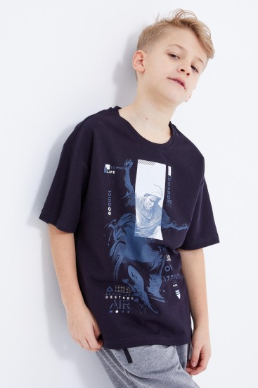 Lacivert Baskılı Kısa Kollu O Yaka Erkek Çocuk T-Shirt - 10912 