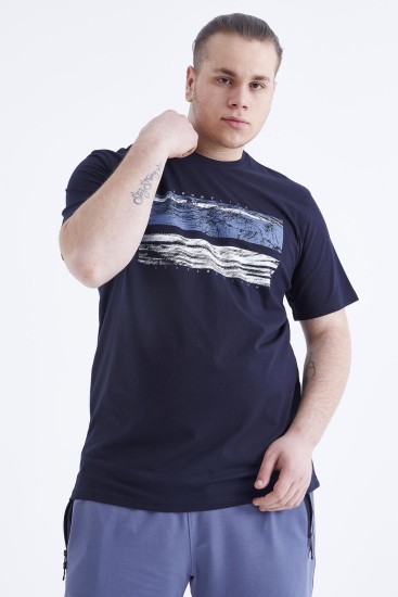 Lacivert Baskılı O Yaka Büyük Beden Erkek T-shirt - 88073 - Thumbnail