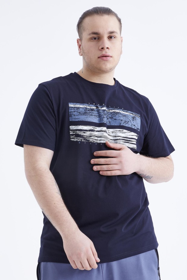 Lacivert Baskılı O Yaka Büyük Beden Erkek T-shirt - 88073