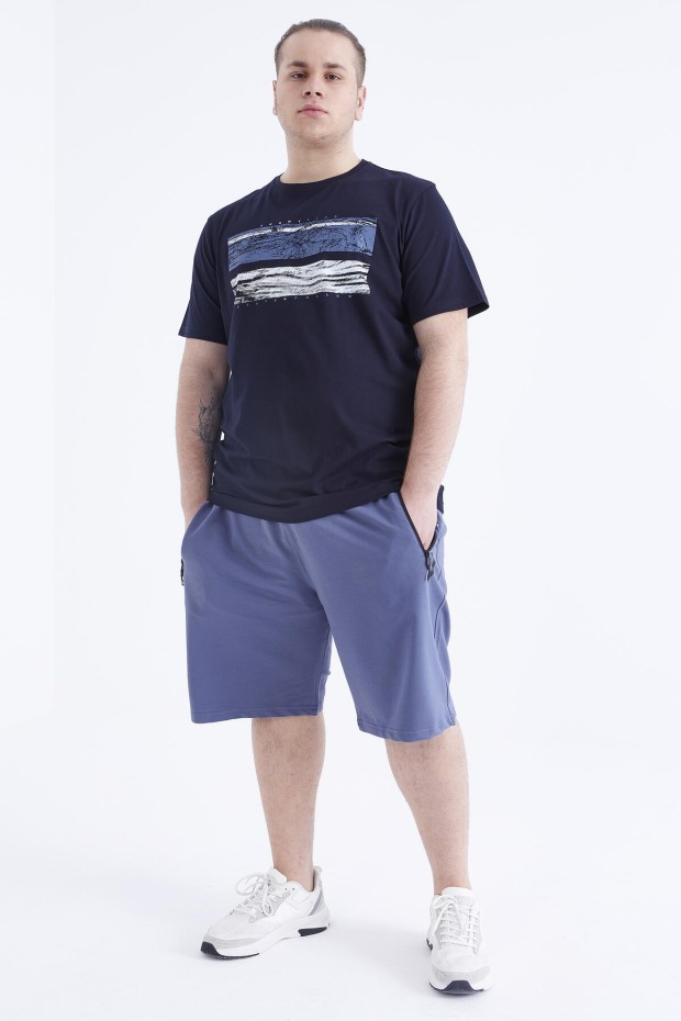 Lacivert Baskılı O Yaka Büyük Beden Erkek T-shirt - 88073