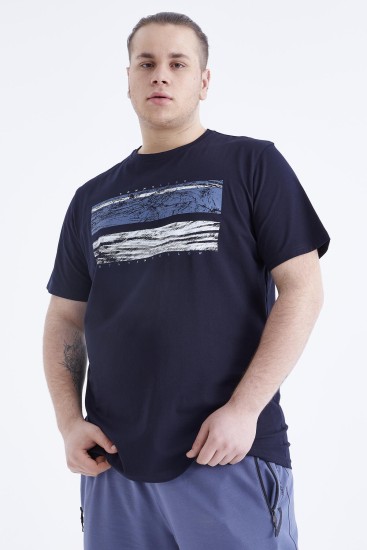 Lacivert Baskılı O Yaka Büyük Beden Erkek T-shirt - 88073 - Thumbnail