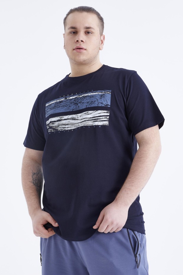 Lacivert Baskılı O Yaka Büyük Beden Erkek T-shirt - 88073