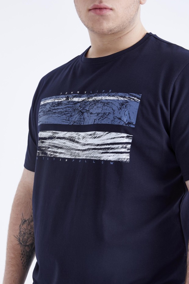 Lacivert Baskılı O Yaka Büyük Beden Erkek T-shirt - 88073