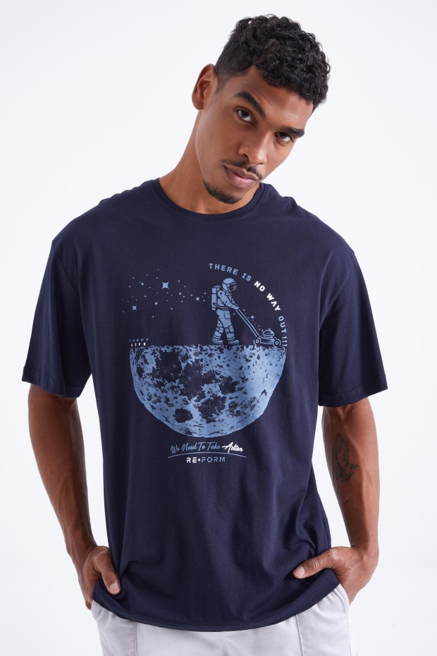 Lacivert Baskılı O Yaka Erkek Oversize T-Shirt - 88098
