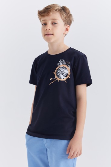 Lacivert Baskılı O Yaka Kısa Kollu Standart Kalıp Erkek Çocuk T-Shirt - 10867 