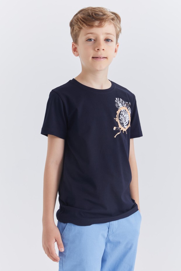 Lacivert Baskılı O Yaka Kısa Kollu Standart Kalıp Erkek Çocuk T-Shirt - 10867