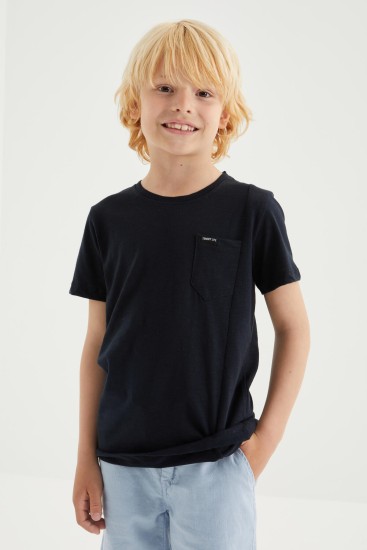 Lacivert Cep Detaylı Basic Kısa Kol O Yaka Erkek Çocuk T-Shirt - 10857 