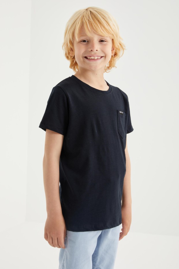 Lacivert Cep Detaylı Basic Kısa Kol O Yaka Erkek Çocuk T-Shirt - 10857