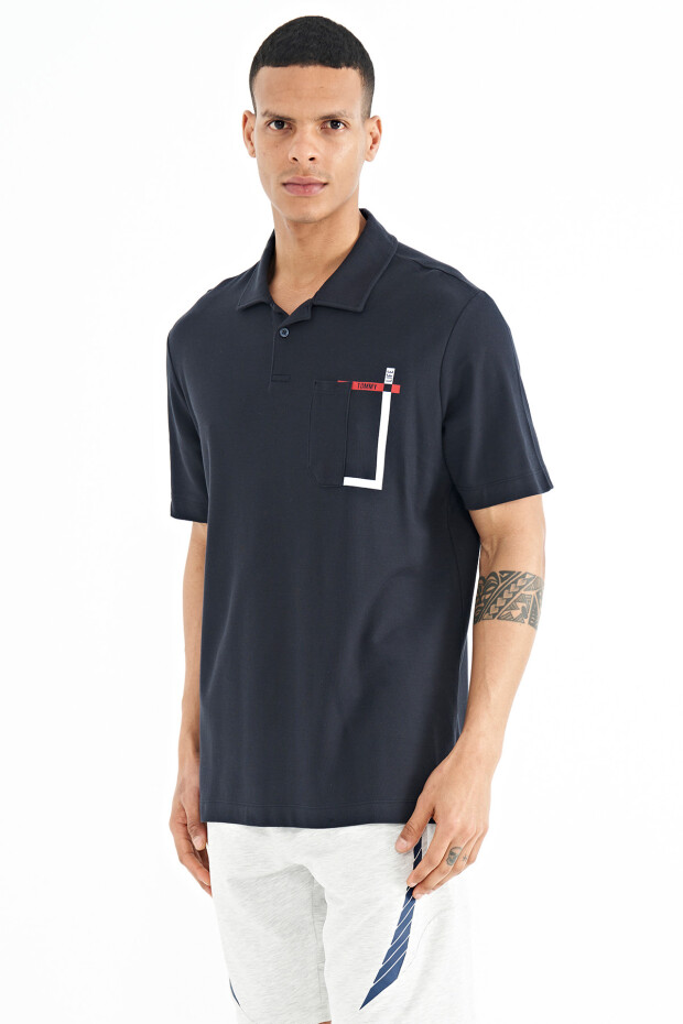 Lacivert Cep Detaylı Baskılı Standart Kalıp Polo Yaka Erkek T-Shirt - 88241