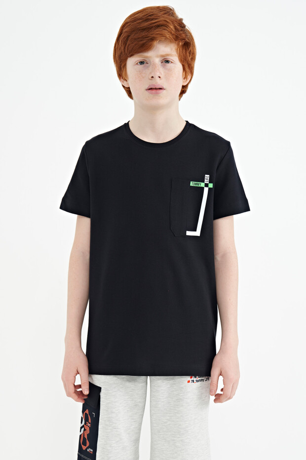 Lacivert Cep Detaylı O Yaka Standart Kalıp Erkek Çocuk T-Shirt - 11120 - 1