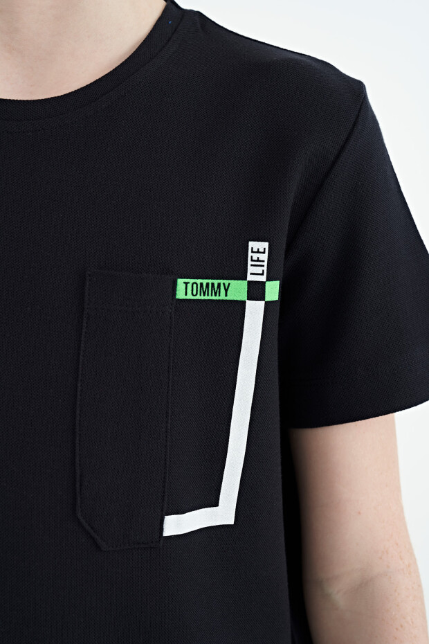 Lacivert Cep Detaylı O Yaka Standart Kalıp Erkek Çocuk T-Shirt - 11120 - 3