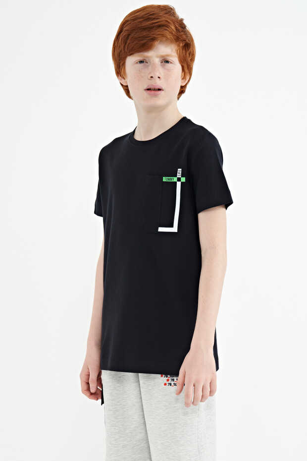 Lacivert Cep Detaylı O Yaka Standart Kalıp Erkek Çocuk T-Shirt - 11120