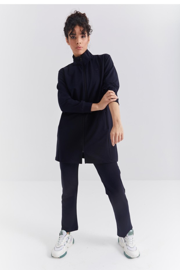 Lacivert Dik Yaka Fermuarlı Rahat Form Klasik Paça Kadın Eşofman Tunik Takım - 95312