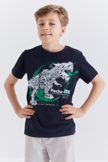 Lacivert Dinazor Baskılı Kısa Kol Standart Kalıp O Yaka Erkek Çocuk T-Shirt - 10865 