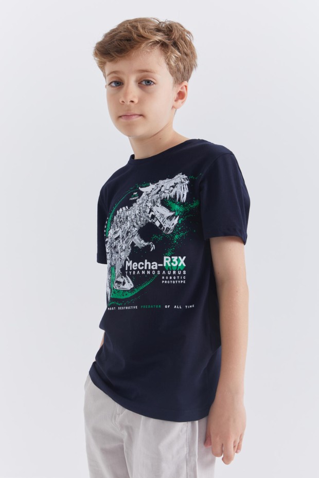 Lacivert Dinazor Baskılı Kısa Kol Standart Kalıp O Yaka Erkek Çocuk T-Shirt - 10865
