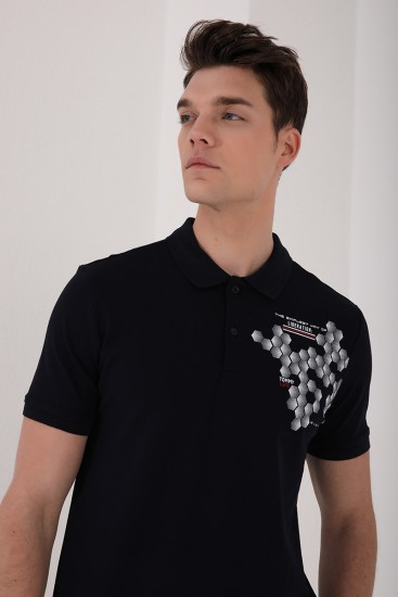Lacivert Altıgen Desen Baskılı Standart Kalıp Polo Yaka Erkek T-Shirt - 87928 - Thumbnail