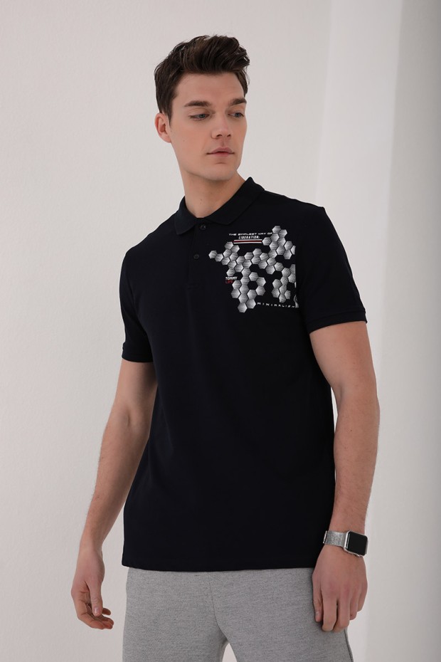 Lacivert Altıgen Desen Baskılı Standart Kalıp Polo Yaka Erkek T-Shirt - 87928