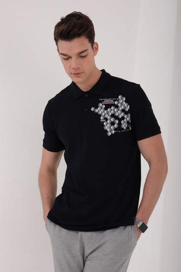 Lacivert Altıgen Desen Baskılı Standart Kalıp Polo Yaka Erkek T-Shirt - 87928 - Thumbnail