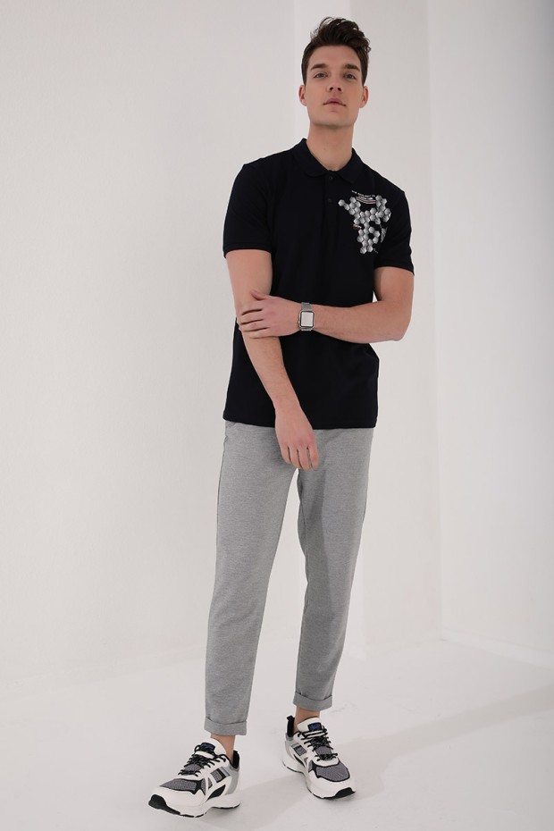 Lacivert Altıgen Desen Baskılı Standart Kalıp Polo Yaka Erkek T-Shirt - 87928