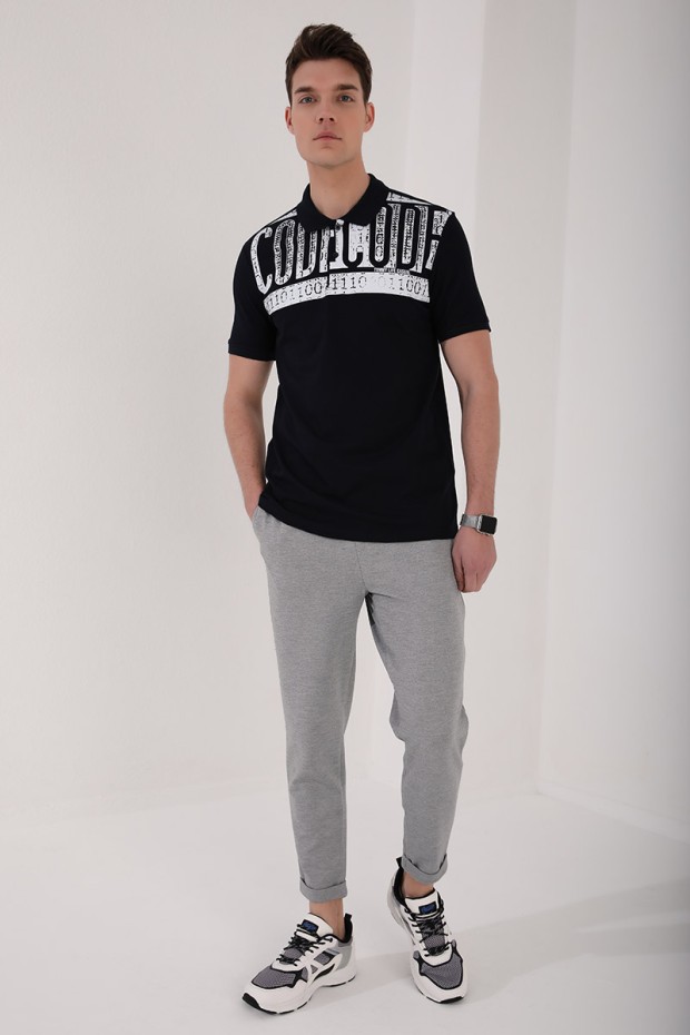 Lacivert Eskitme Yazı Baskılı Standart Kalıp Polo Yaka Erkek T-Shirt - 87929