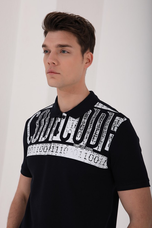 Lacivert Eskitme Yazı Baskılı Standart Kalıp Polo Yaka Erkek T-Shirt - 87929